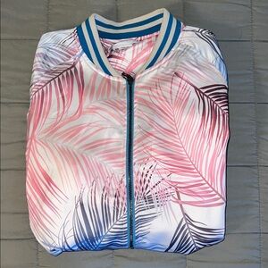 WORN TWICE! Sateen Palm Tree Print Bomber Jacket - Pinks/Blues/Teal
